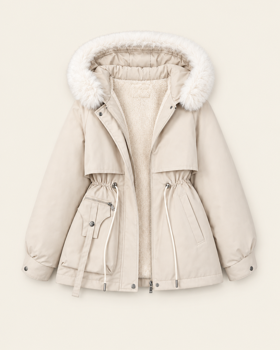 Parka blanche matelassée à capuche en fausse fourrure, packshot sur fond ivoire