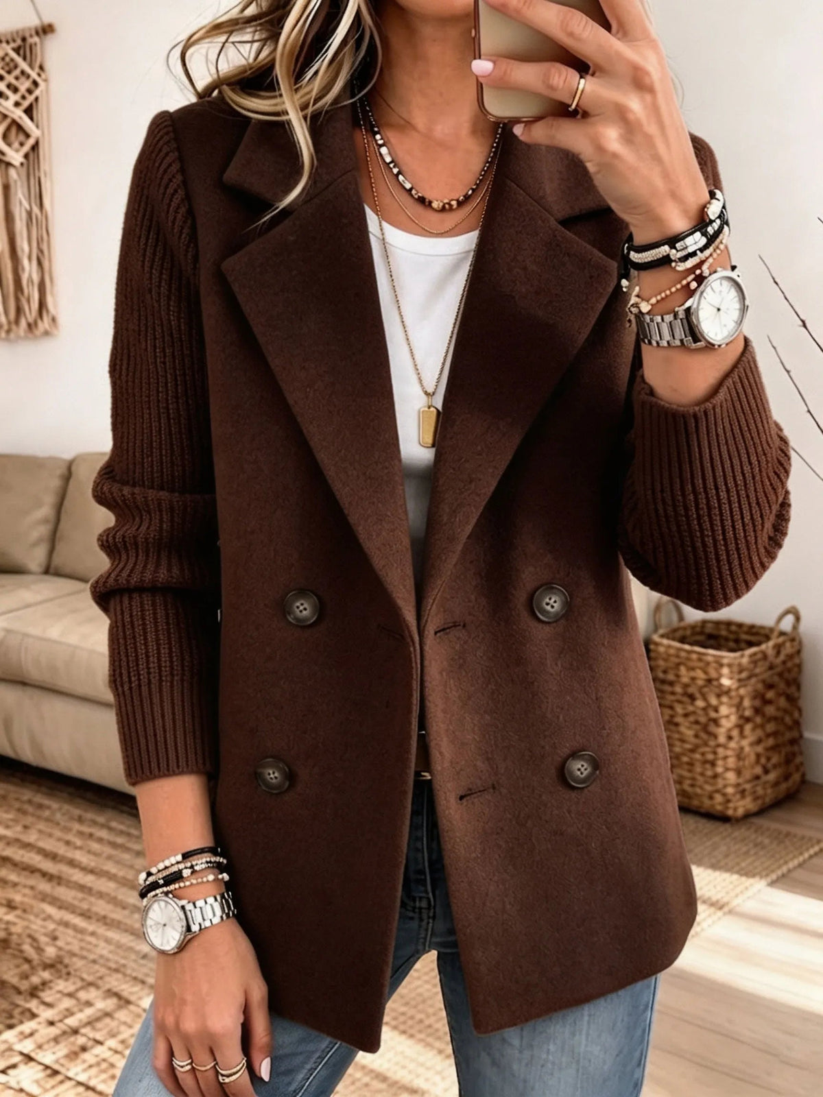 Blazer croisé à manches en maille marron