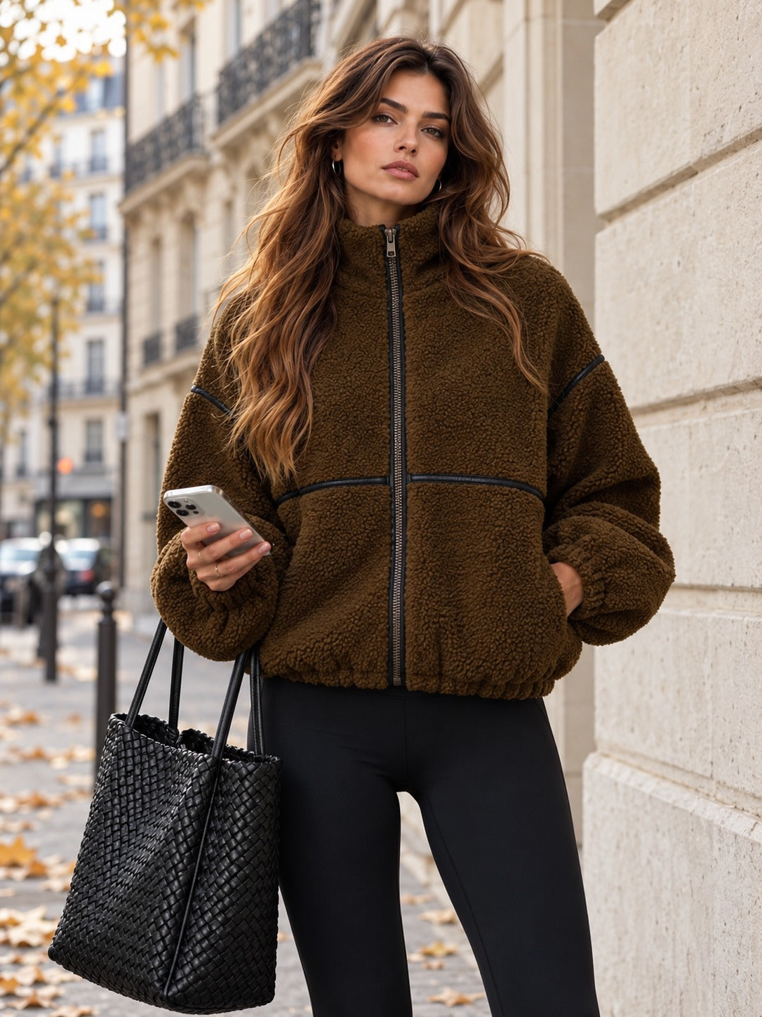 Ophélie veste fausse peau lainée - Olive portée