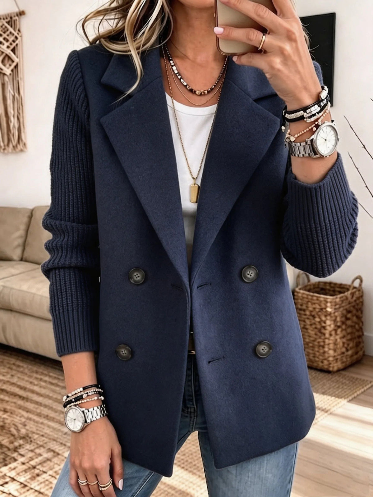Blazer croisé à manches en maille bleu