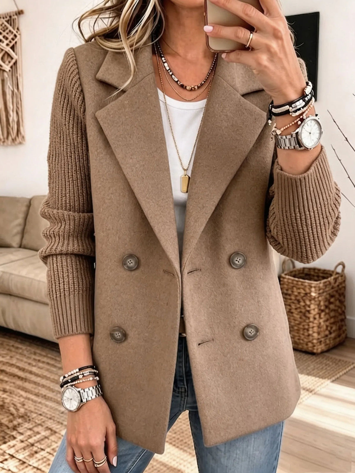 Blazer croisé à manches en maille kaki