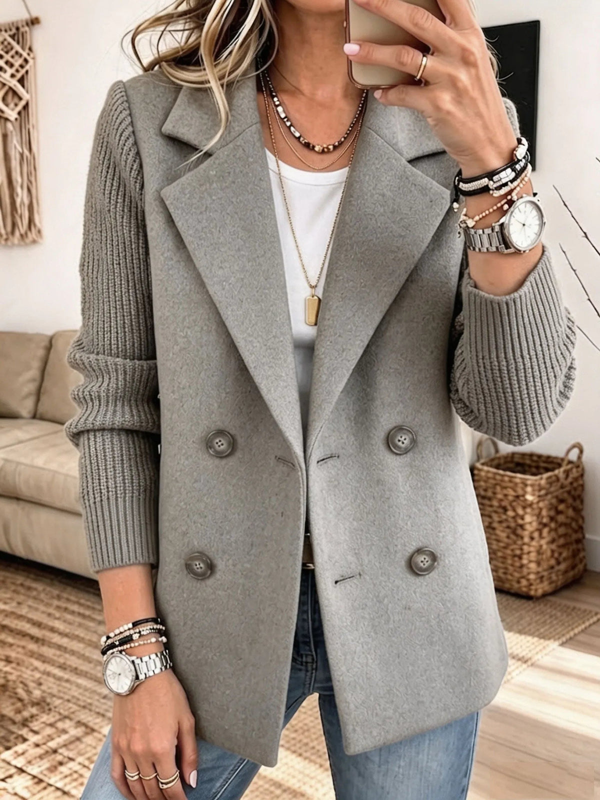Blazer croisé à manches en maille gris