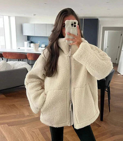 Veste teddy oversize beige, vue produit
