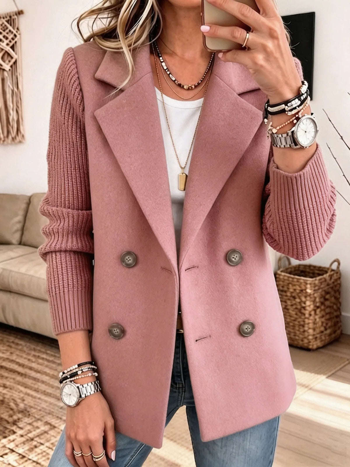 Blazer croisé à manches en maille rose