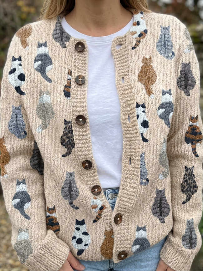 Cardigan Zaira motif chats sur fond beige