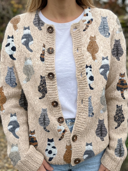 Cardigan Zaira motif chats sur fond beige