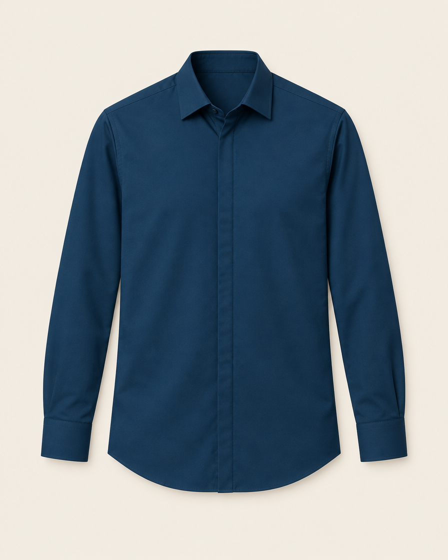 Chemise boutonnée marine à manches longues, packshot sur fond ivoire