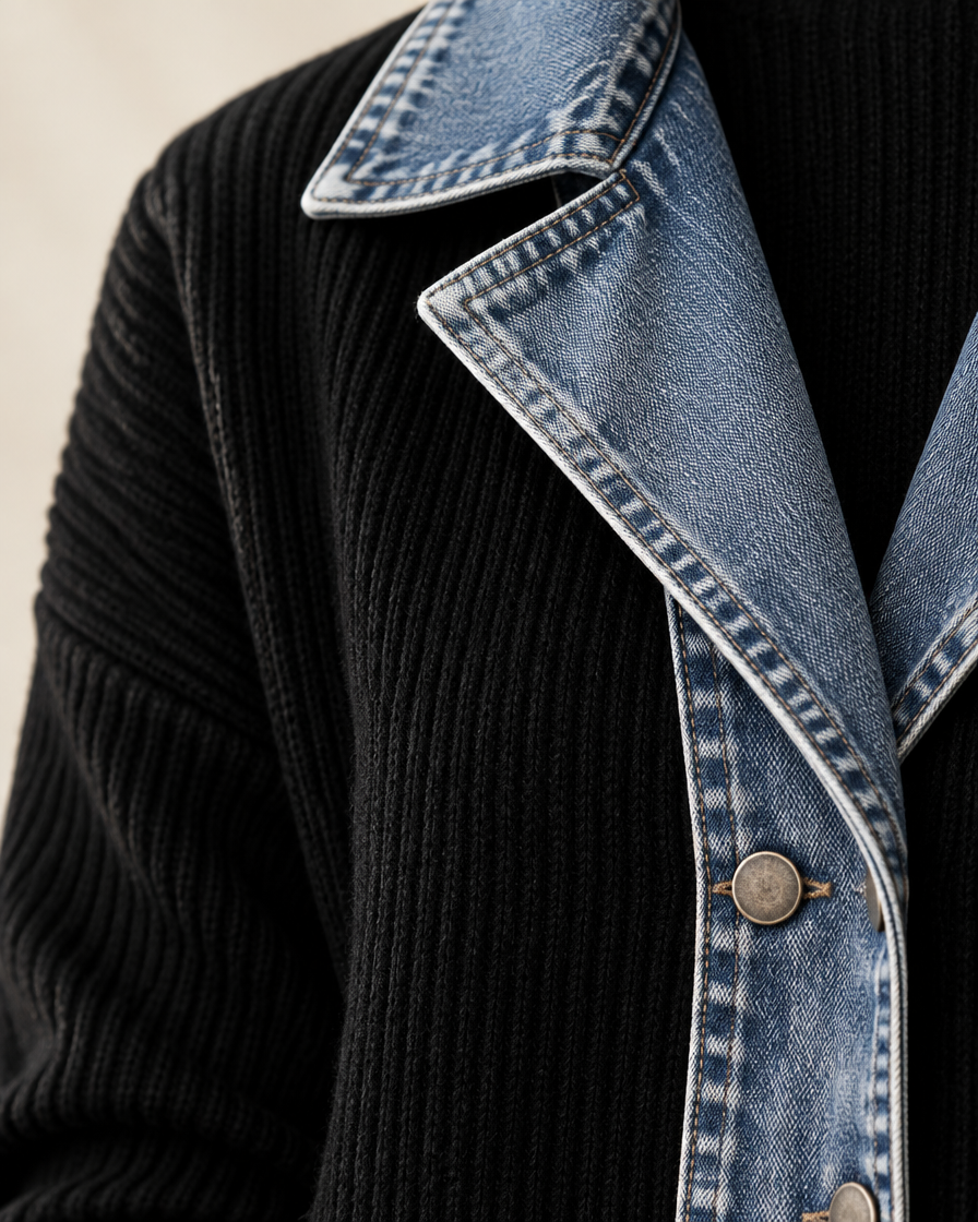 Détail du col en denim et de la maille côtelée de la veste noire