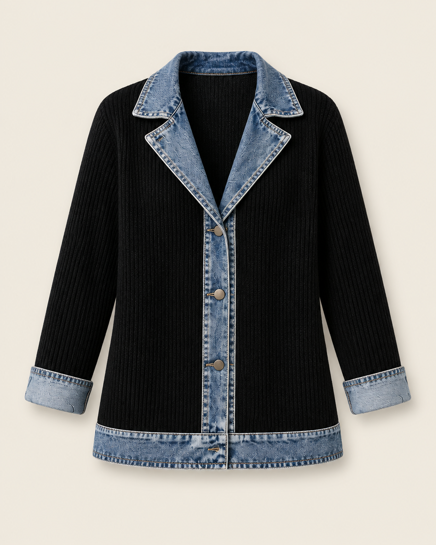 Veste noire en maille côtelée à col et poignets en denim, packshot sur fond ivoire