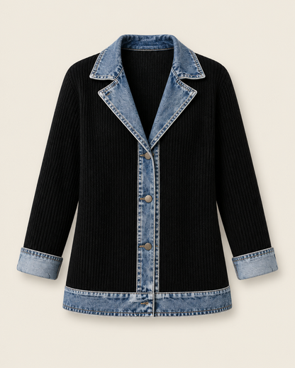 Veste noire en maille côtelée à col et poignets en denim, packshot sur fond ivoire