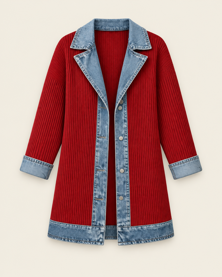 Veste rouge en maille côtelée à col en denim, packshot sur fond ivoire