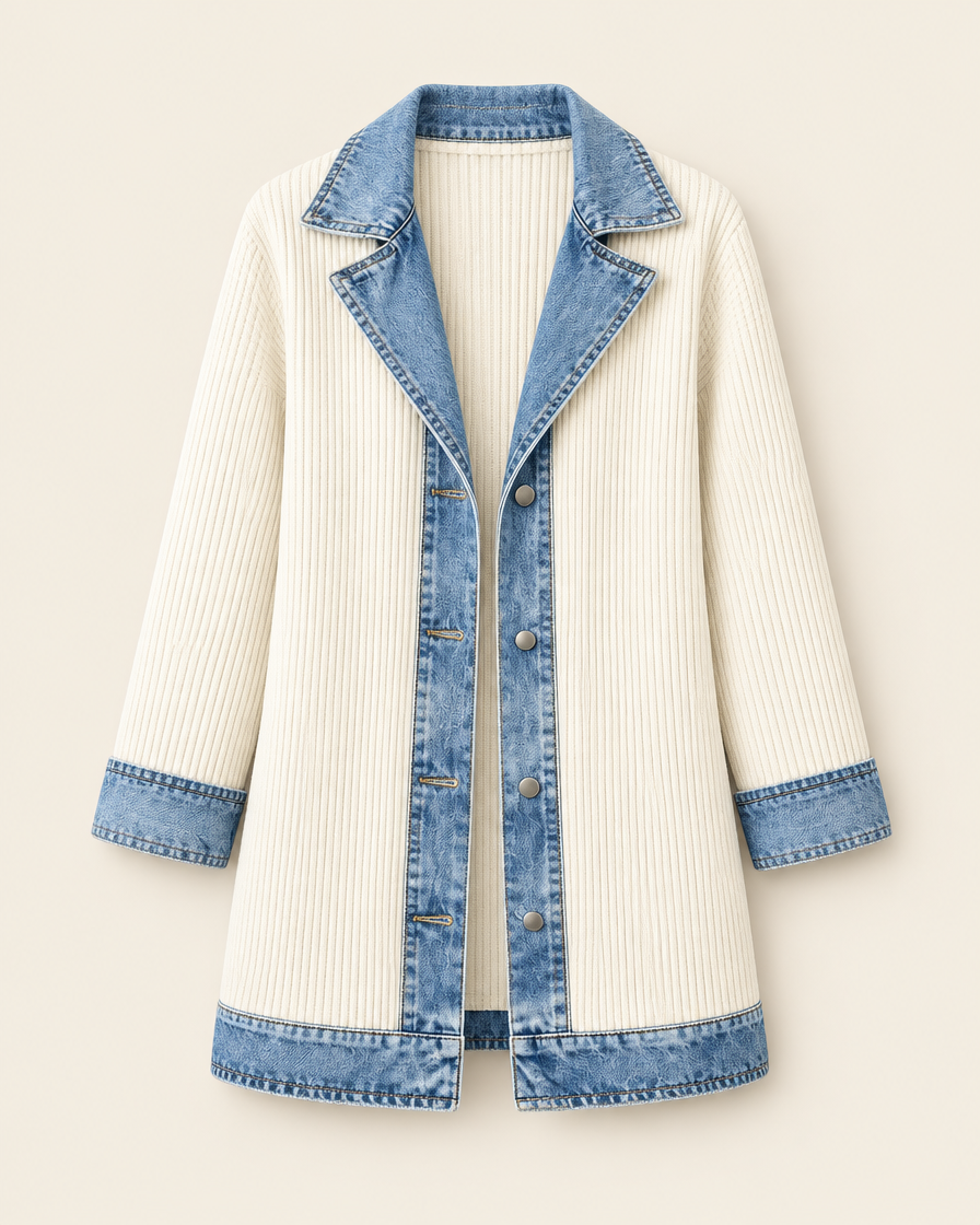 Veste blanc crème en maille côtelée à col en denim, packshot sur fond ivoire