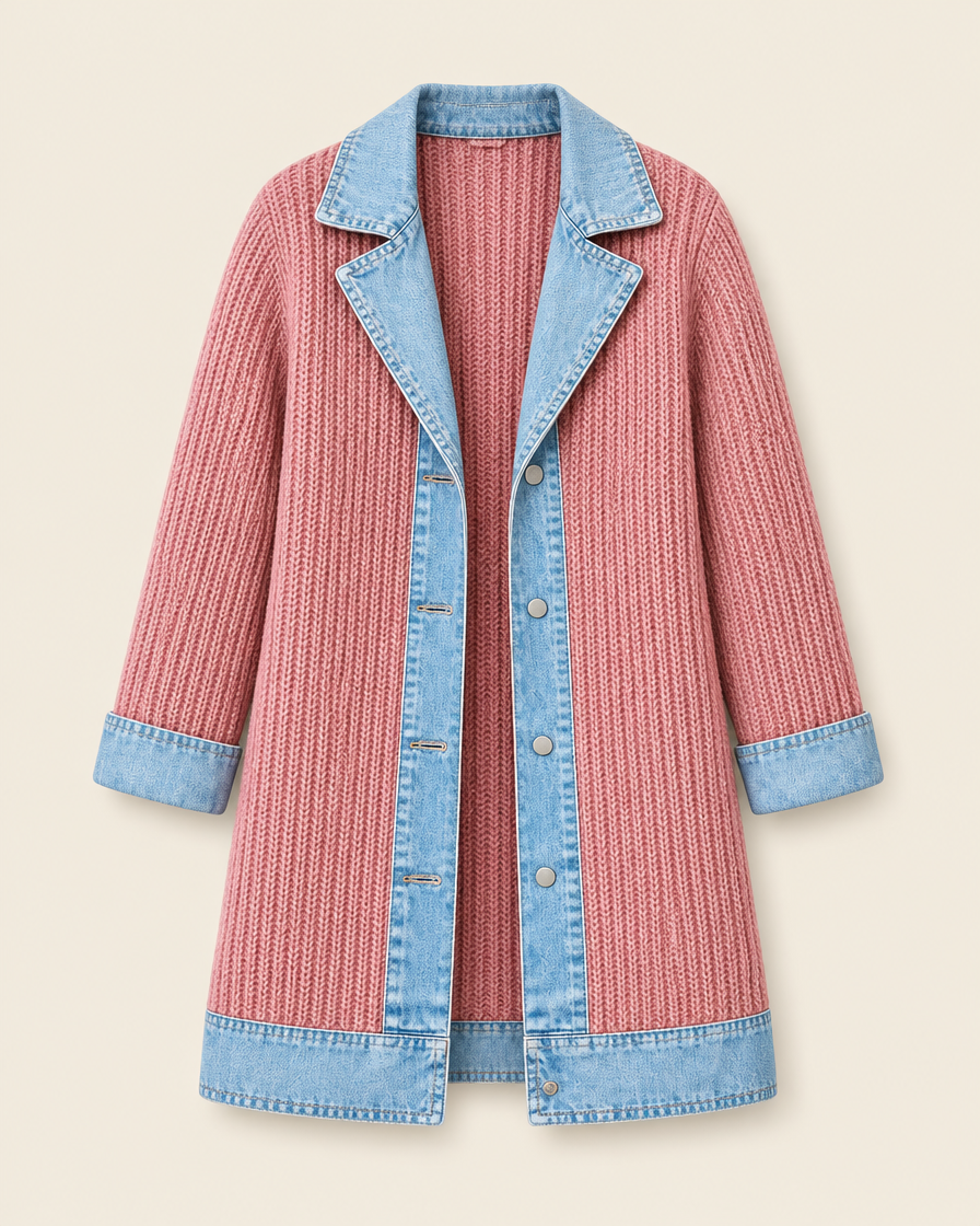 Veste rose en maille côtelée à col en denim, packshot sur fond ivoire