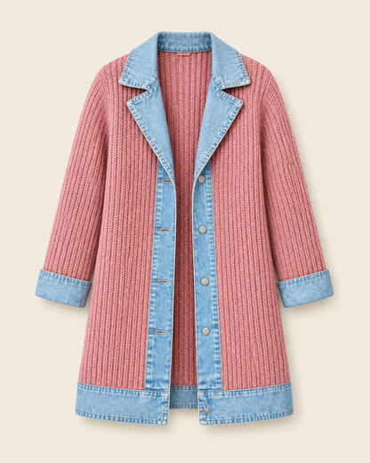 Veste rose en maille côtelée à col en denim, packshot sur fond ivoire