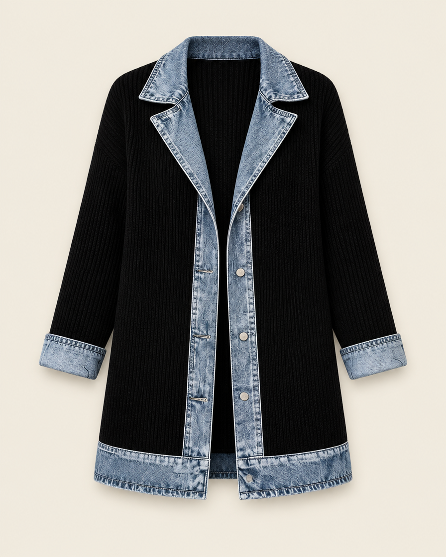 Veste noire en maille côtelée à col en denim, packshot sur fond ivoire