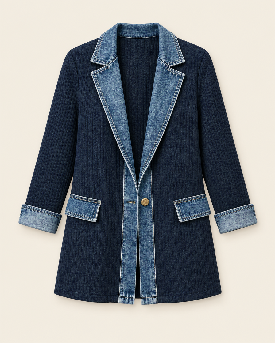 Veste marine en maille côtelée à col en denim, packshot sur fond ivoire