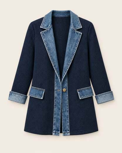 Veste marine en maille côtelée à col en denim, packshot sur fond ivoire