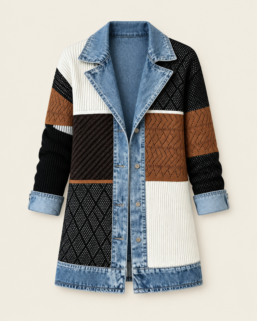 Veste color-block en maille patchwork à col en denim, packshot sur fond ivoire