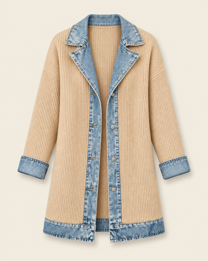 Veste abricot en maille côtelée à col en denim, packshot sur fond ivoire