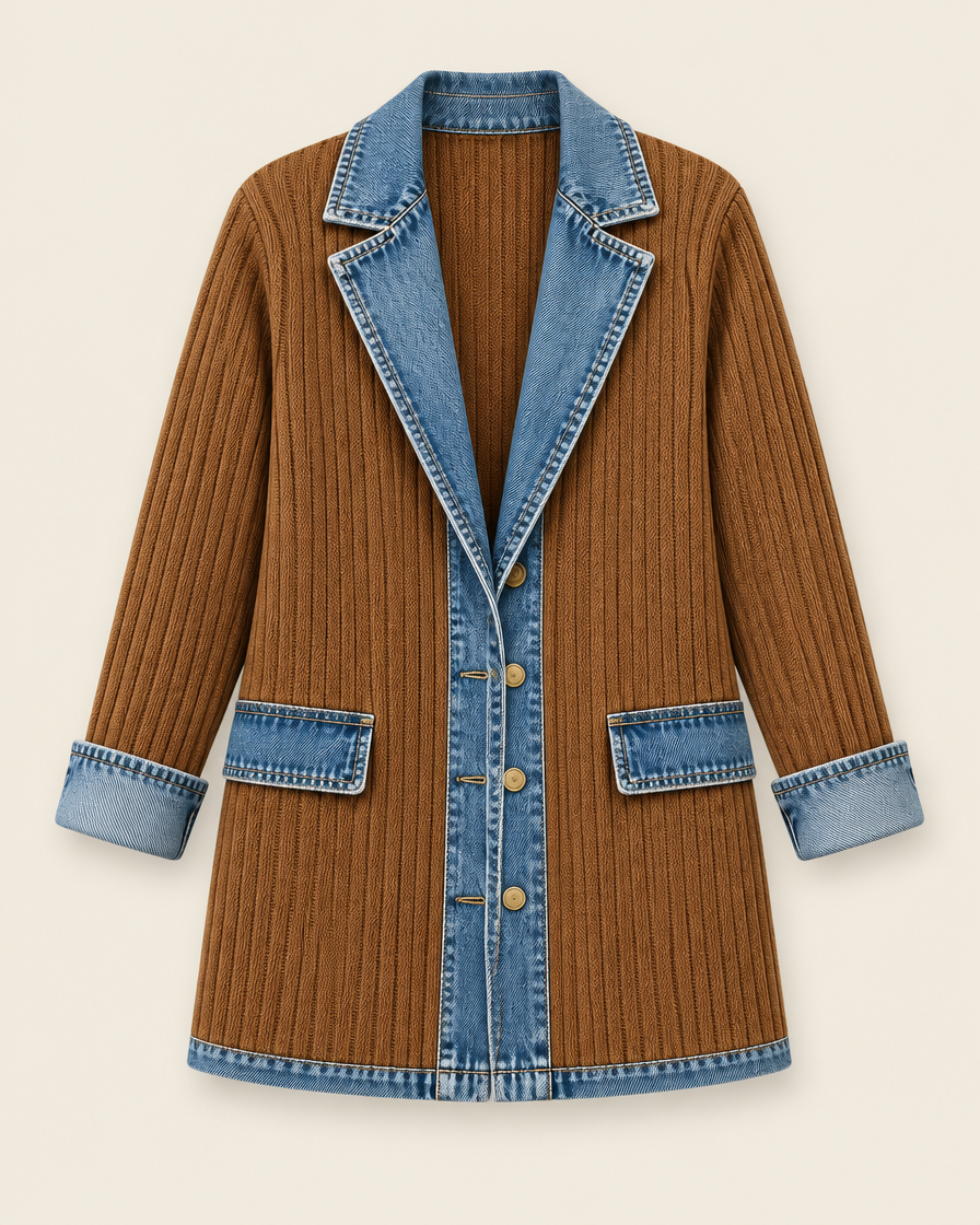 Veste kaki en maille côtelée à col et poches en denim, packshot sur fond ivoire