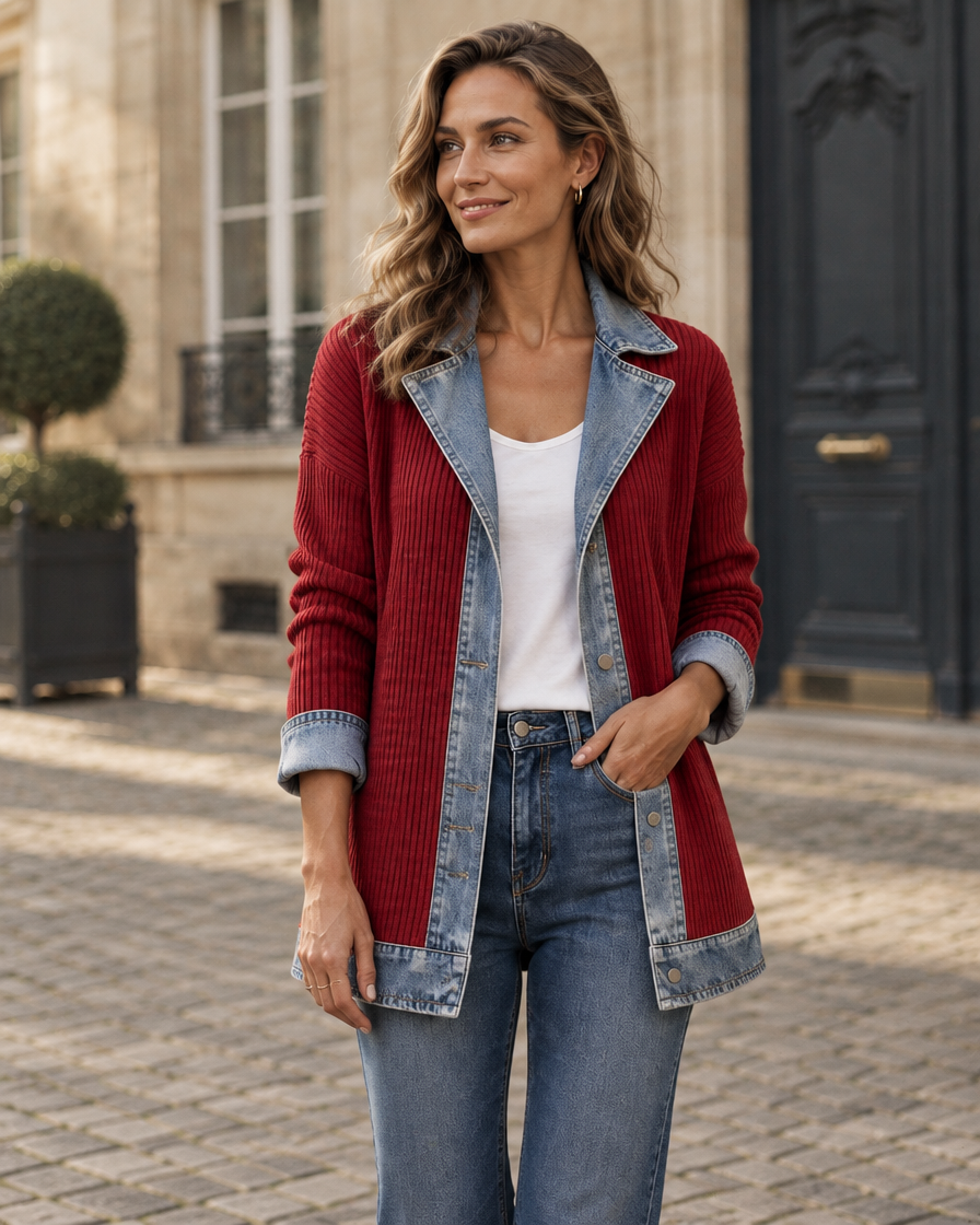 Femme portant la veste rouge en maille et denim, cour parisienne
