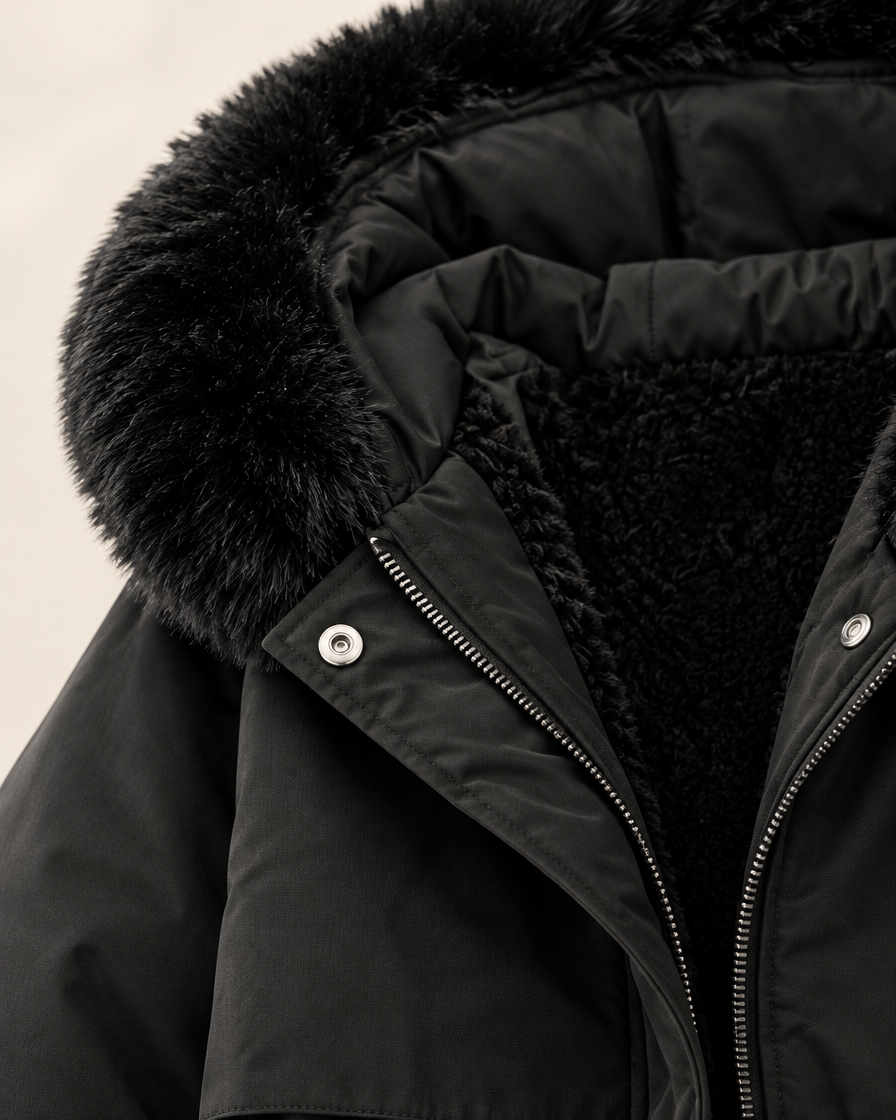 Détail de la capuche en fausse fourrure et du zip de la parka noire