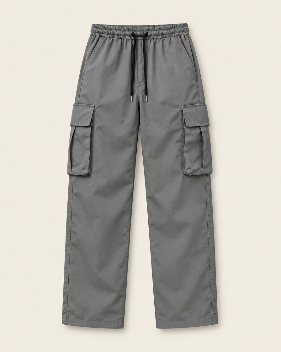 Pantalon cargo droit gris foncé à cordon de serrage, packshot sur fond ivoire