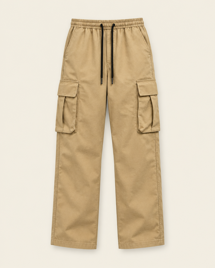 Pantalon cargo droit kaki, packshot sur fond ivoire