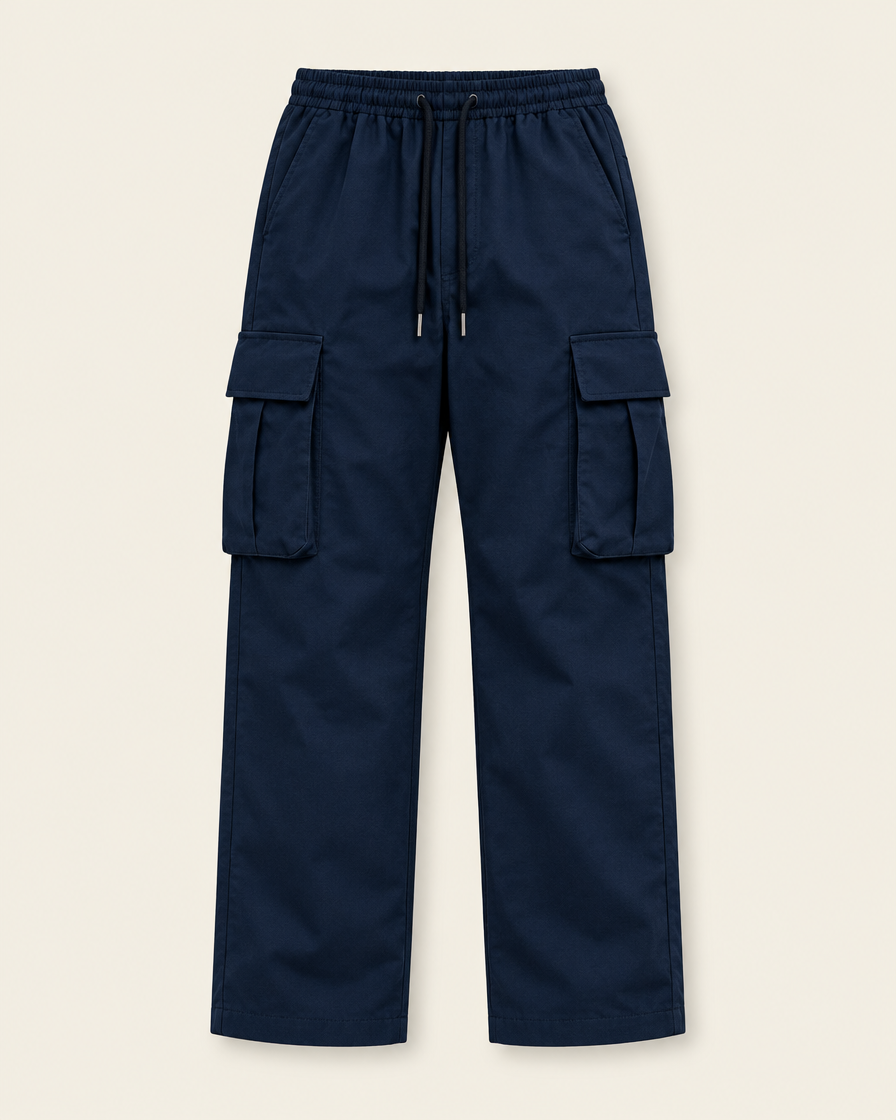Pantalon cargo droit bleu marine, packshot sur fond ivoire