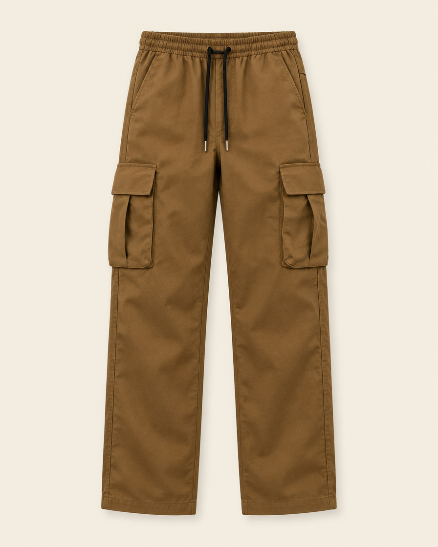 Pantalon cargo droit gingembre, packshot sur fond ivoire