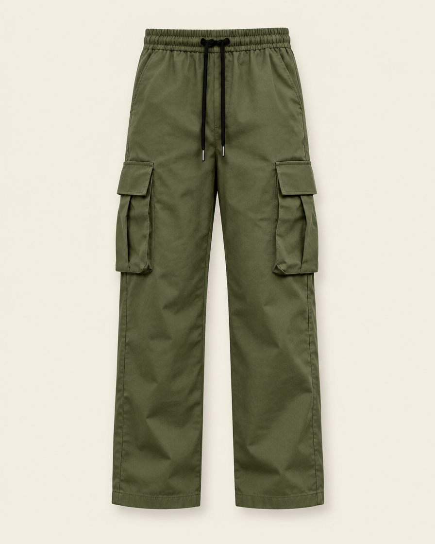 Pantalon cargo droit vert armée, packshot sur fond ivoire