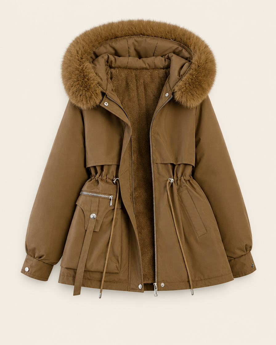 Parka marron matelassée à capuche en fausse fourrure, packshot sur fond ivoire