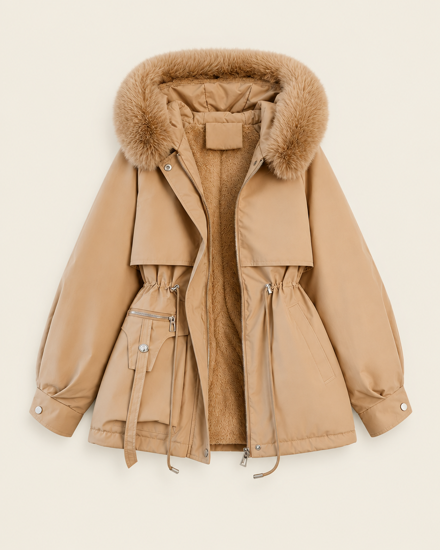 Parka kaki matelassée à capuche en fausse fourrure, packshot sur fond ivoire