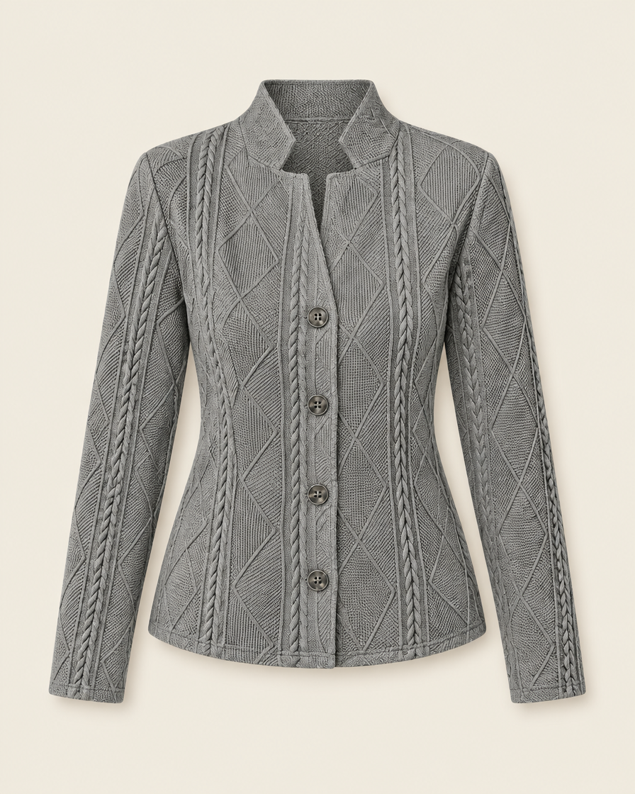 Blazer gris foncé boutonné en maille texturée, packshot sur fond ivoire