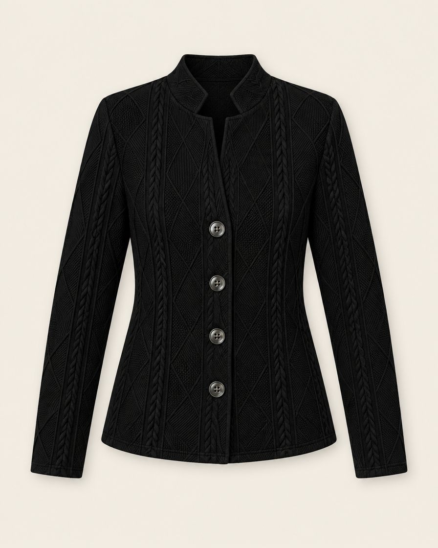 Blazer noir boutonné en maille texturée, packshot sur fond ivoire