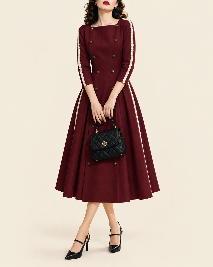 Robe midi rouge vin à boutonnage croisé, packshot sur fond ivoire