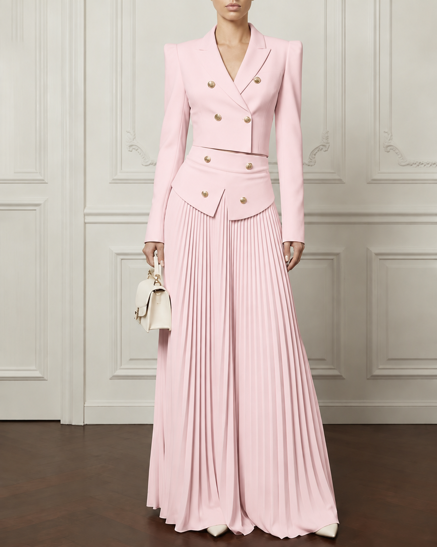 Ensemble rose blazer court et jupe plissée, packshot sur fond ivoire