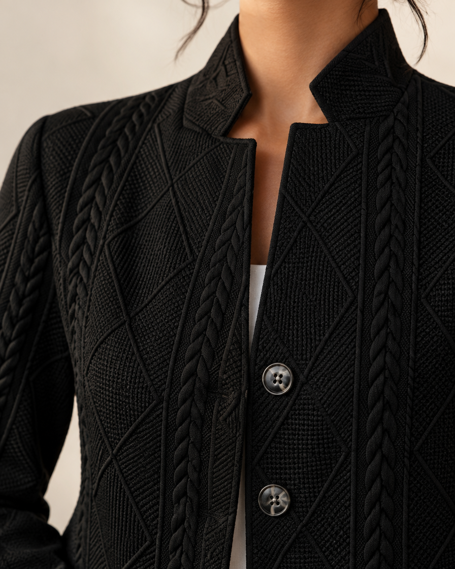 Détail du col montant et de la maille texturée du blazer