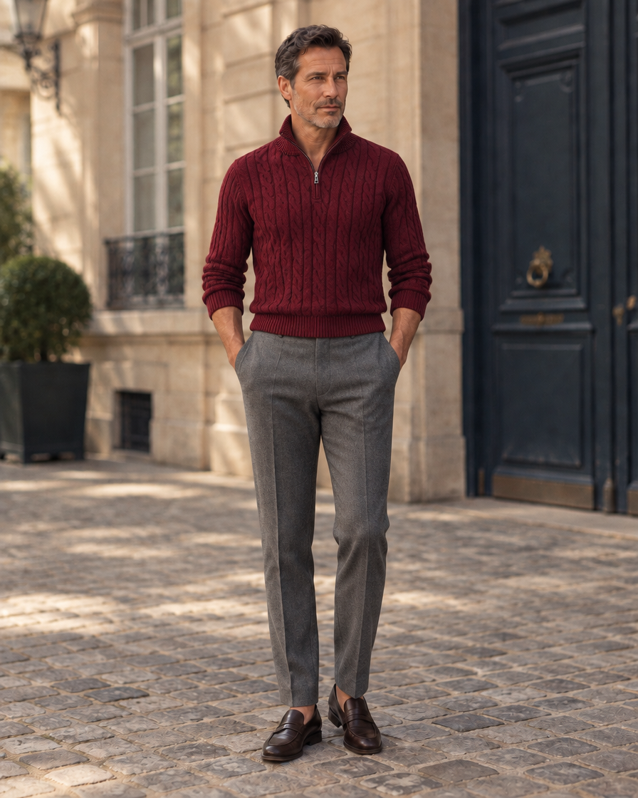 Pull zippé à torsades bourgogne porté