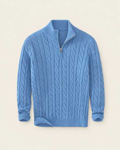 Pull zippé à torsades bleu clair, packshot
