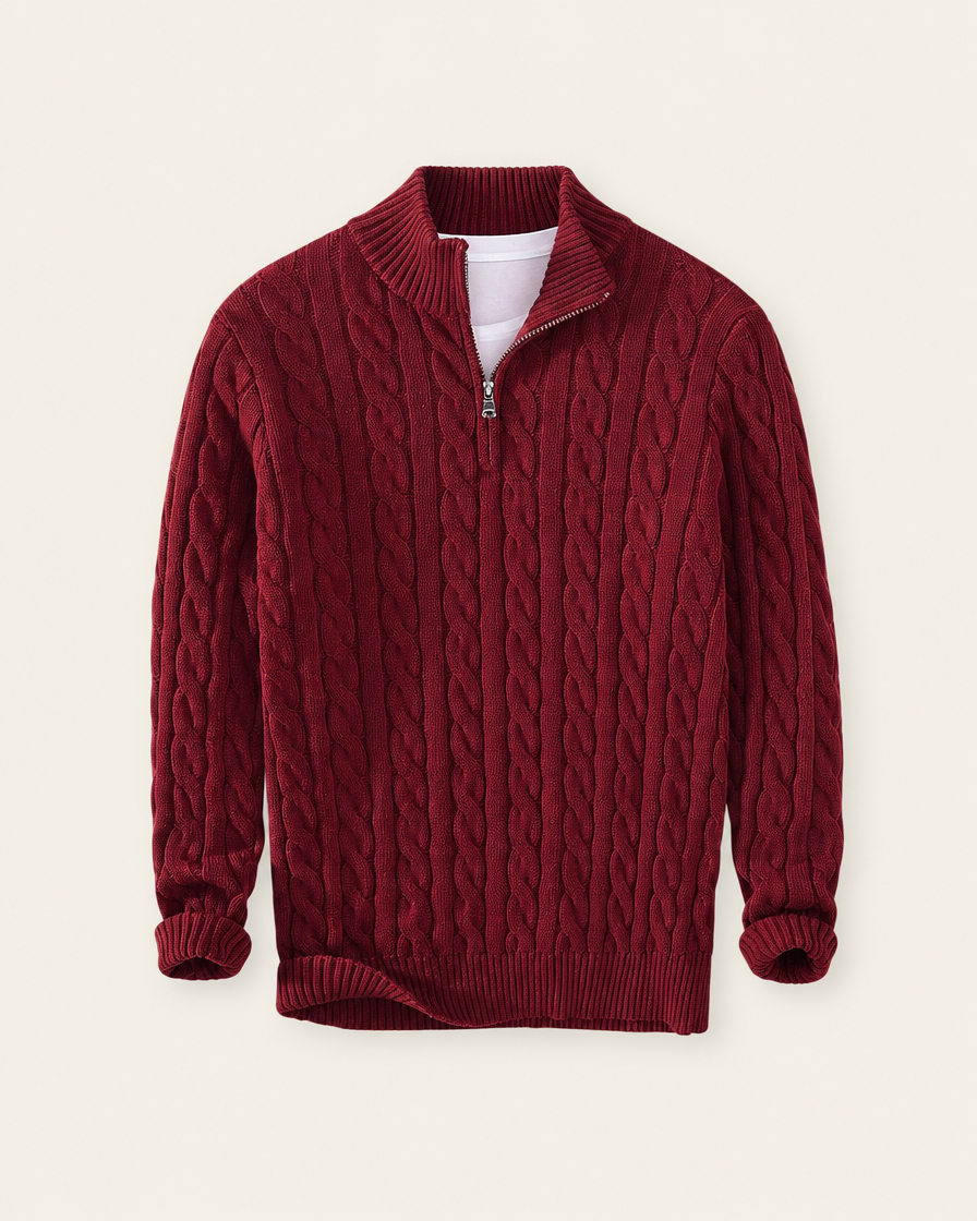 Pull zippé à torsades bourgogne, packshot
