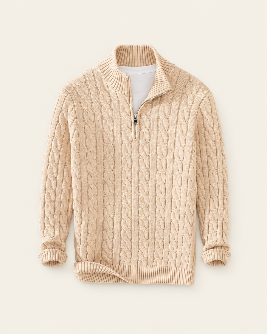 Pull zippé à torsades beige, packshot