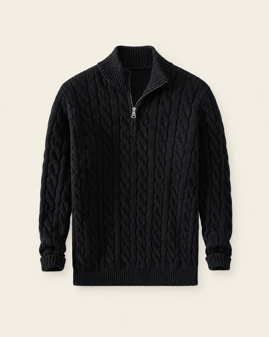 Pull zippé à torsades noir, packshot