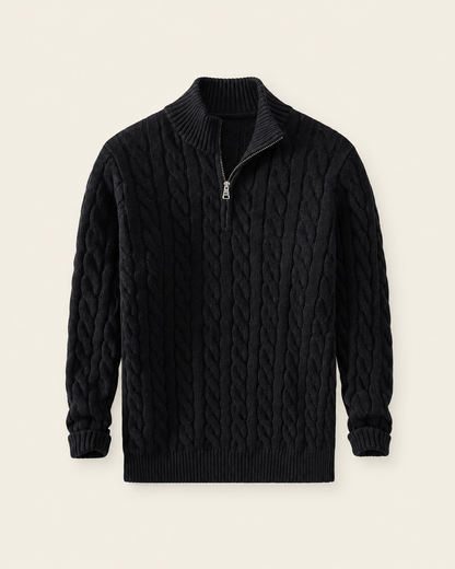 Pull zippé à torsades noir, packshot