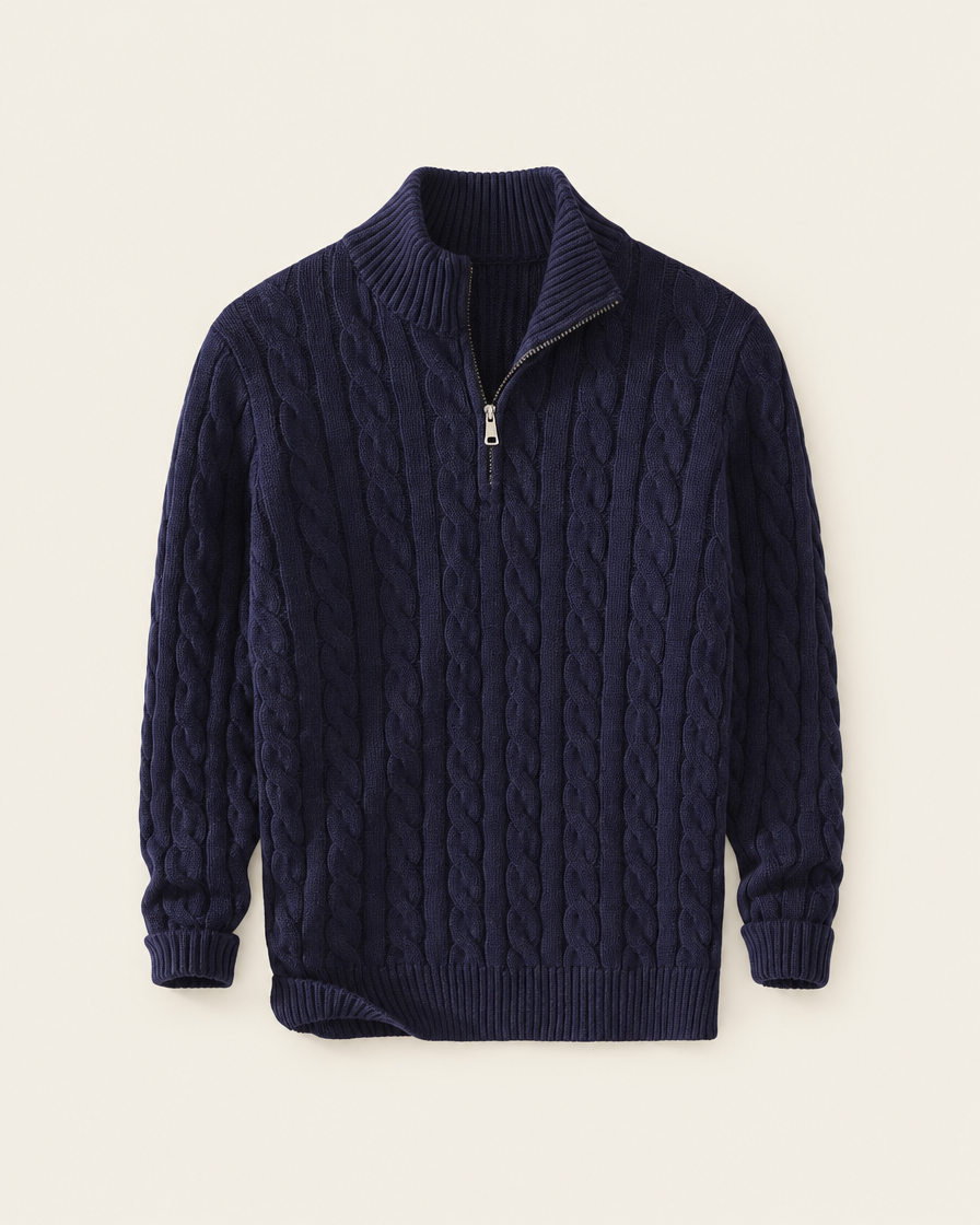 Pull zippé à torsades marine en coton, packshot