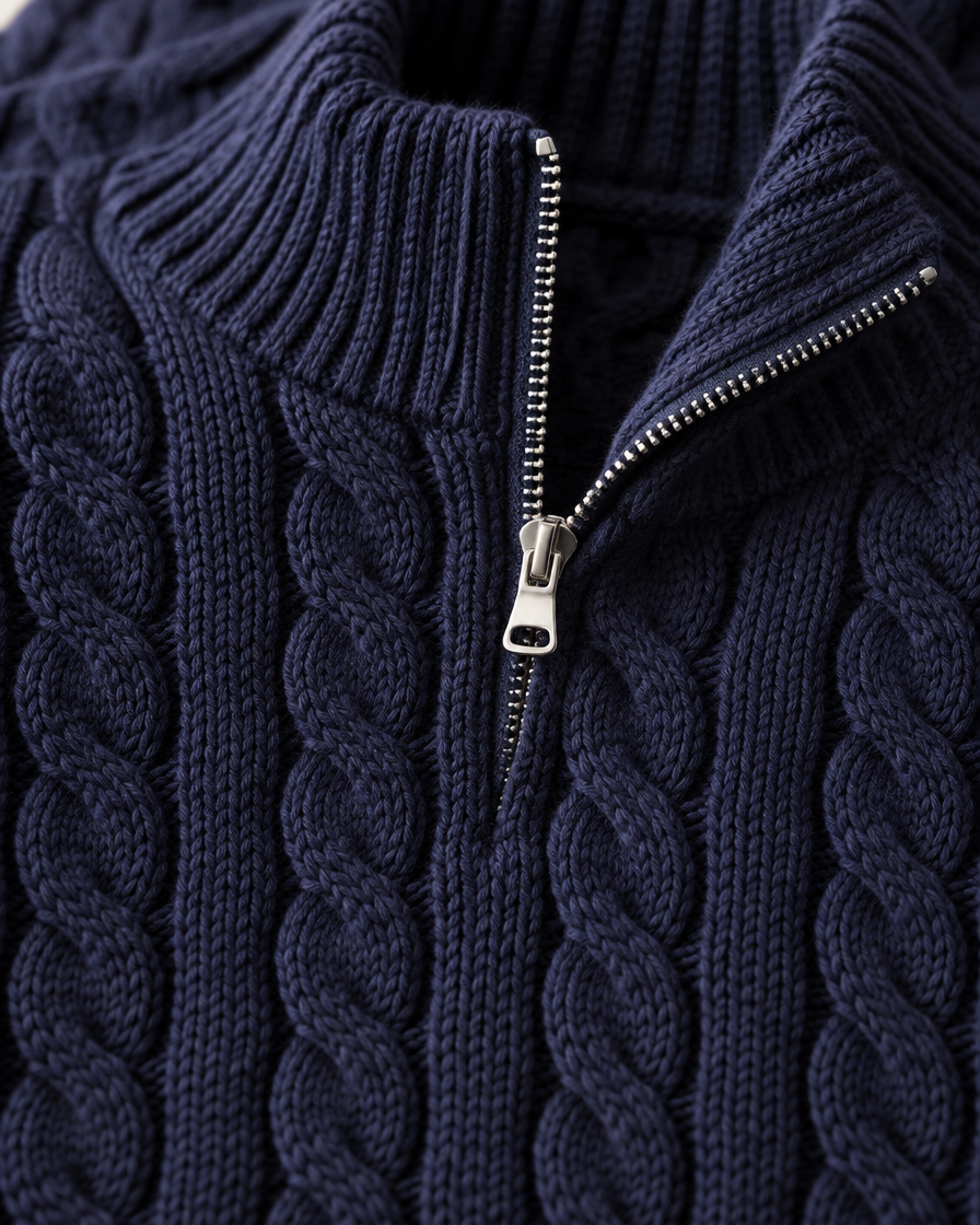 Détail de la maille à torsades et du col zippé