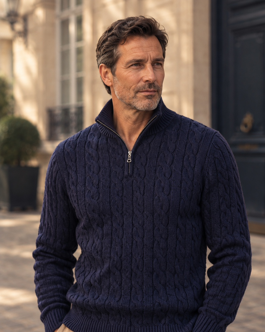 Pull zippé à torsades marine porté, cadrage trois-quarts