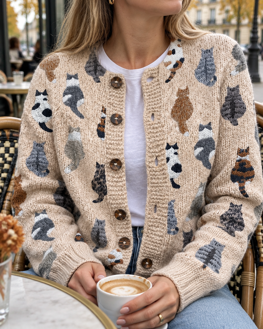 Détail de la maille et des boutons du cardigan Zaira, porté en terrasse de café
