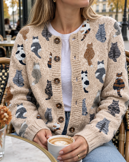 Détail de la maille et des boutons du cardigan Zaira, porté en terrasse de café