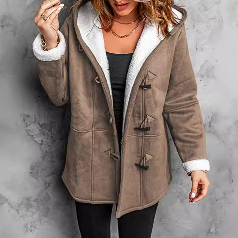 Manteau à capuche effet suède, porté